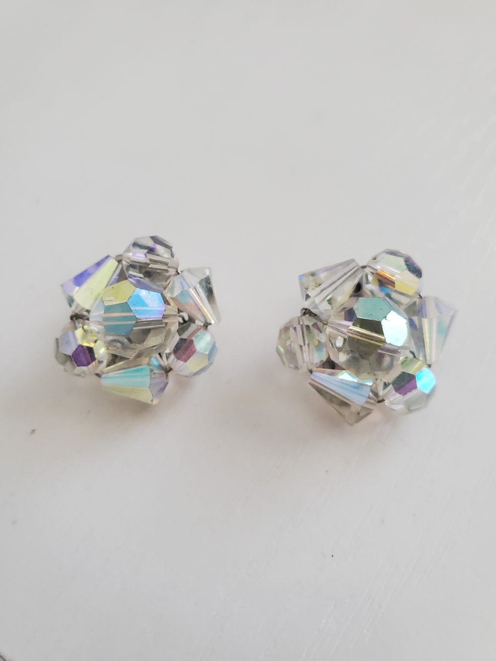 Aurora Borealis Crystal Flower Cluster Clip Earrings - Iridescent Silver- 1950